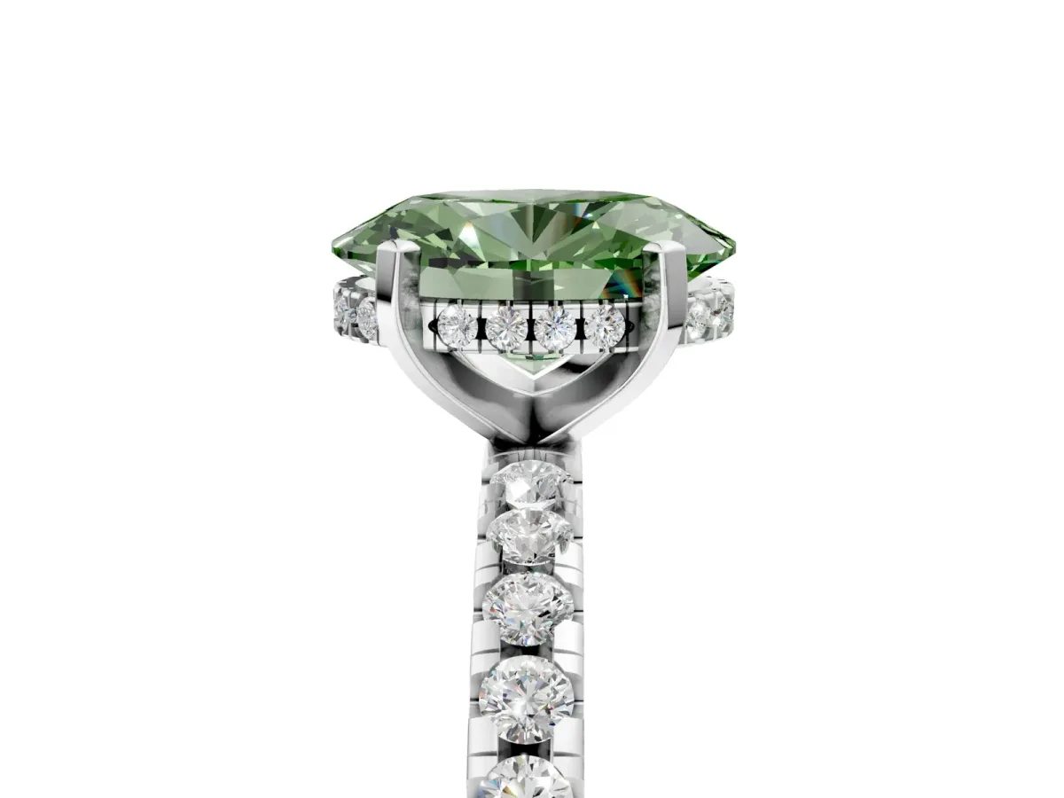 Fancy Green Oval Cut Diamond Solitaire Ring with Round Pavé Band and Four-Prong Setting Silver