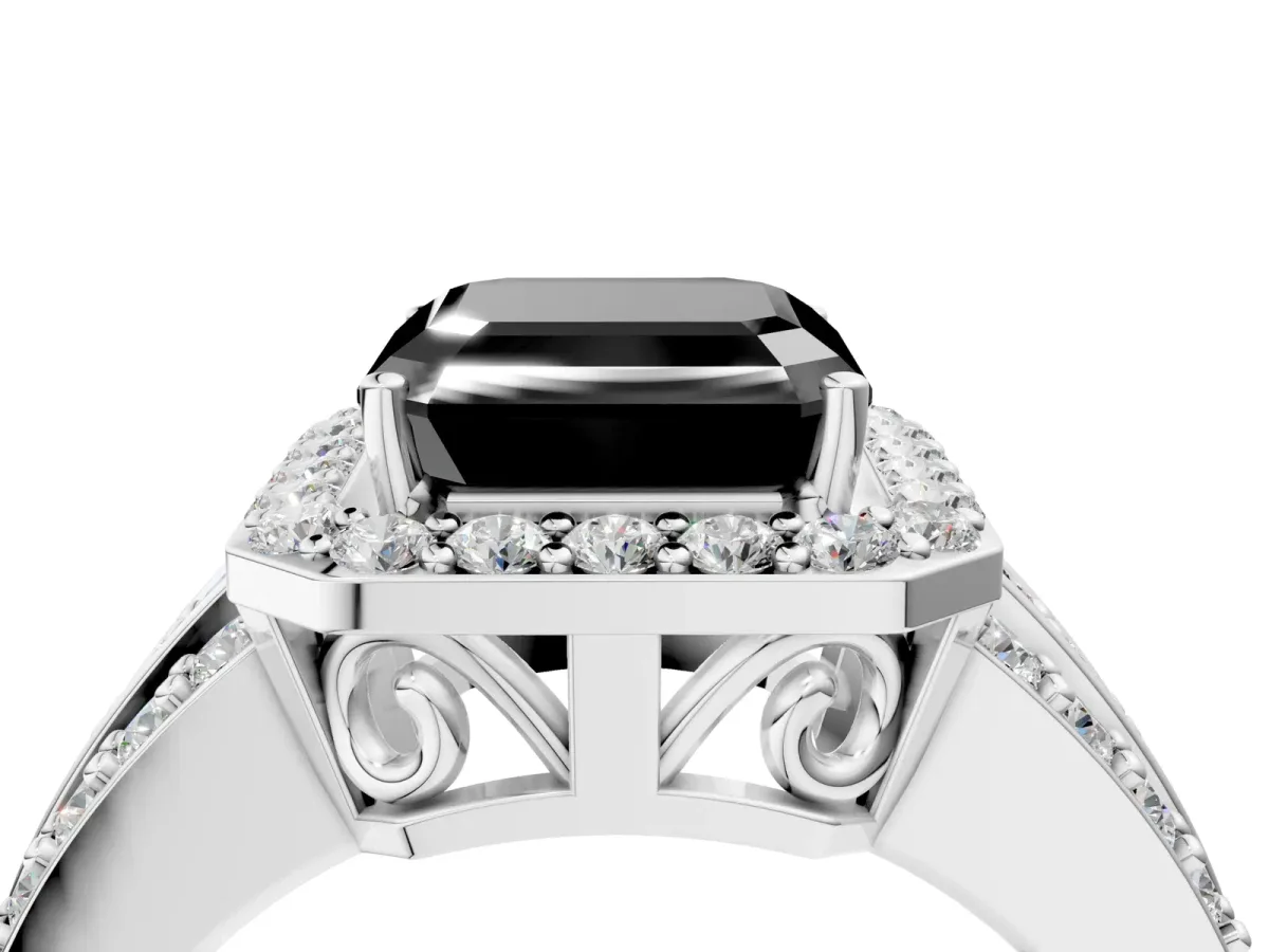 Fancy Black Asscher Cut Halo Diamond Ring with Round Split Shank and Prong Setting White gold