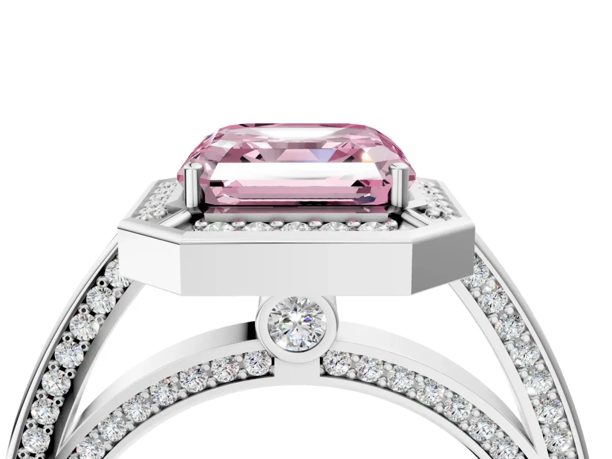 Fancy Pink Asscher Cut Cut Halo Pave Split Shank Prong Setting Ring Platinum