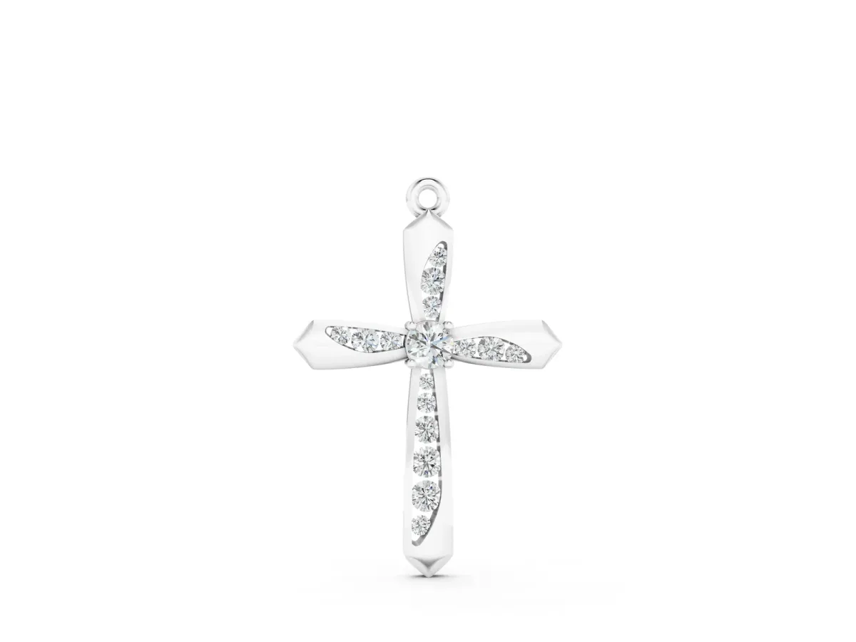Gold Cross Pendant with Round Cut Stones and Prong Setting Silver