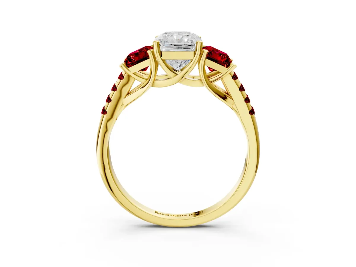 Three-Stone Radiant Cut Diamond Ring with Round Ruby Pavé Band and Prong Setting Yellow gold
