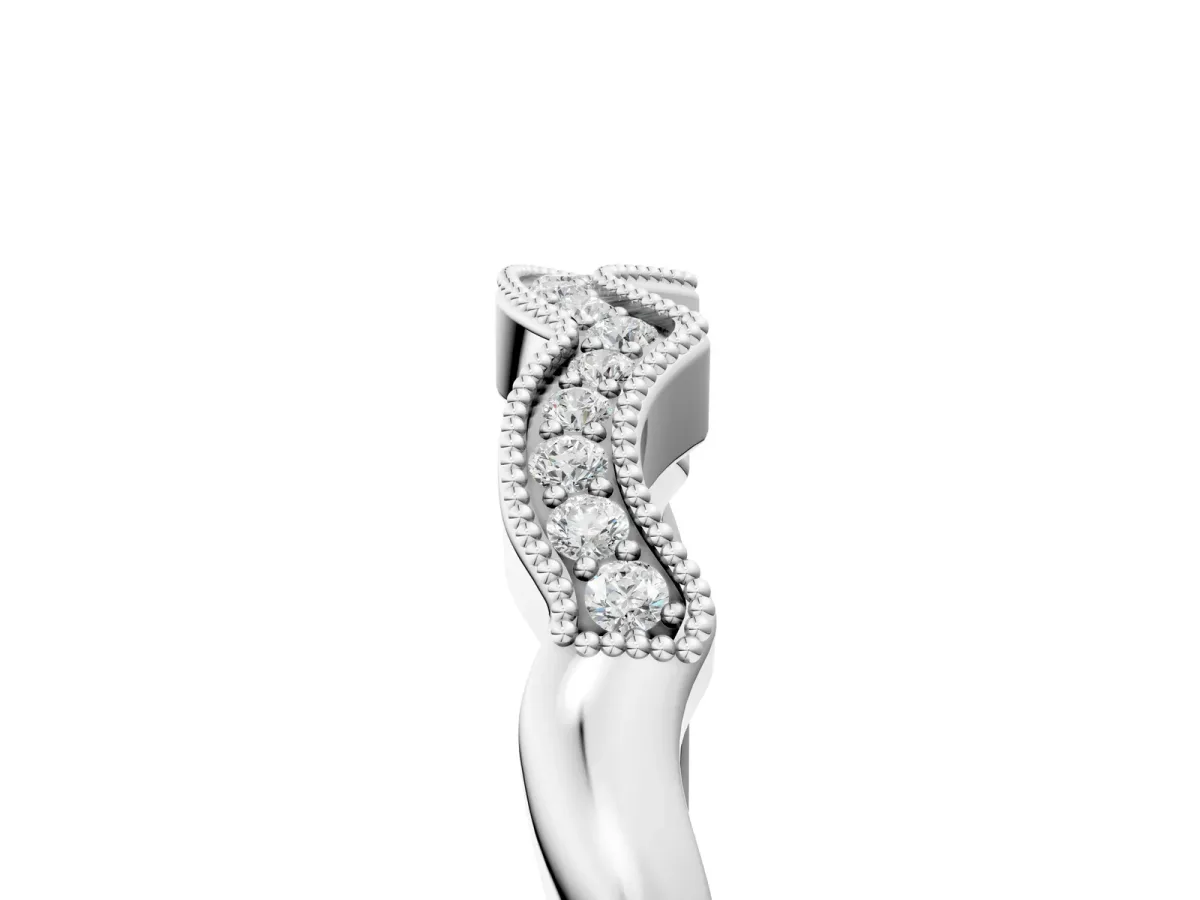 Milgrain Pavé Round Diamond Curved Band Silver