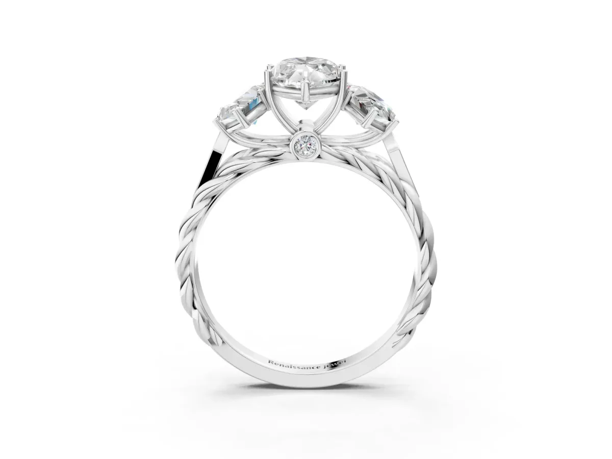 Three-Stone Marquise Cut Diamond Braided Band Ring with Four-Prong Setting White gold