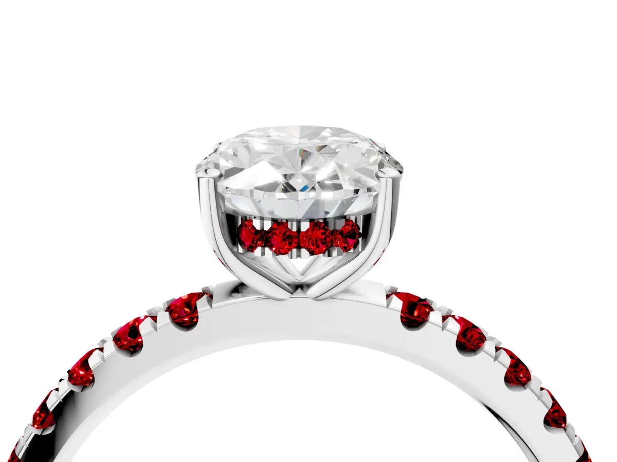 Oval Cut Diamond Pave Band Solitaire Ring with Round Ruby and Prong Setting Platinum