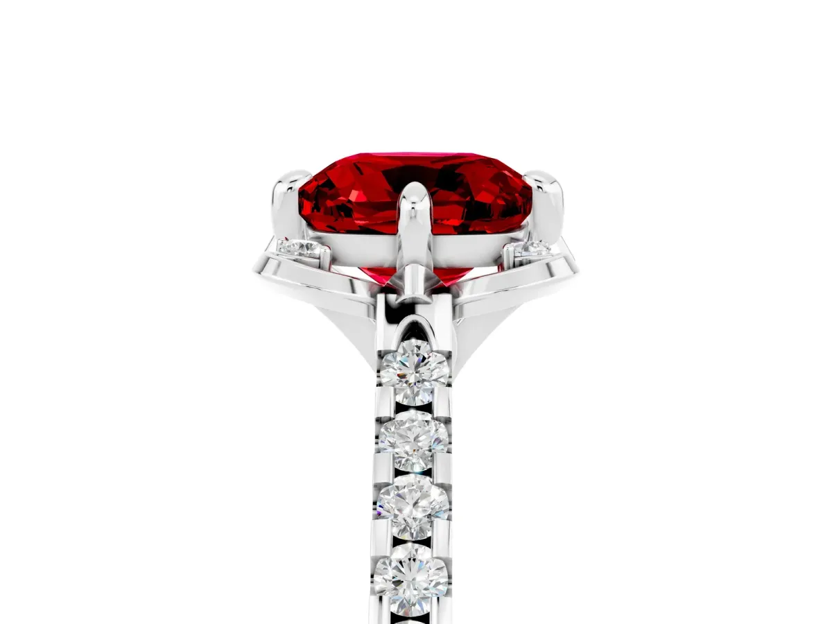 Cushion Cut Ruby Ring with Pavé Band and Floral Prong Setting White gold