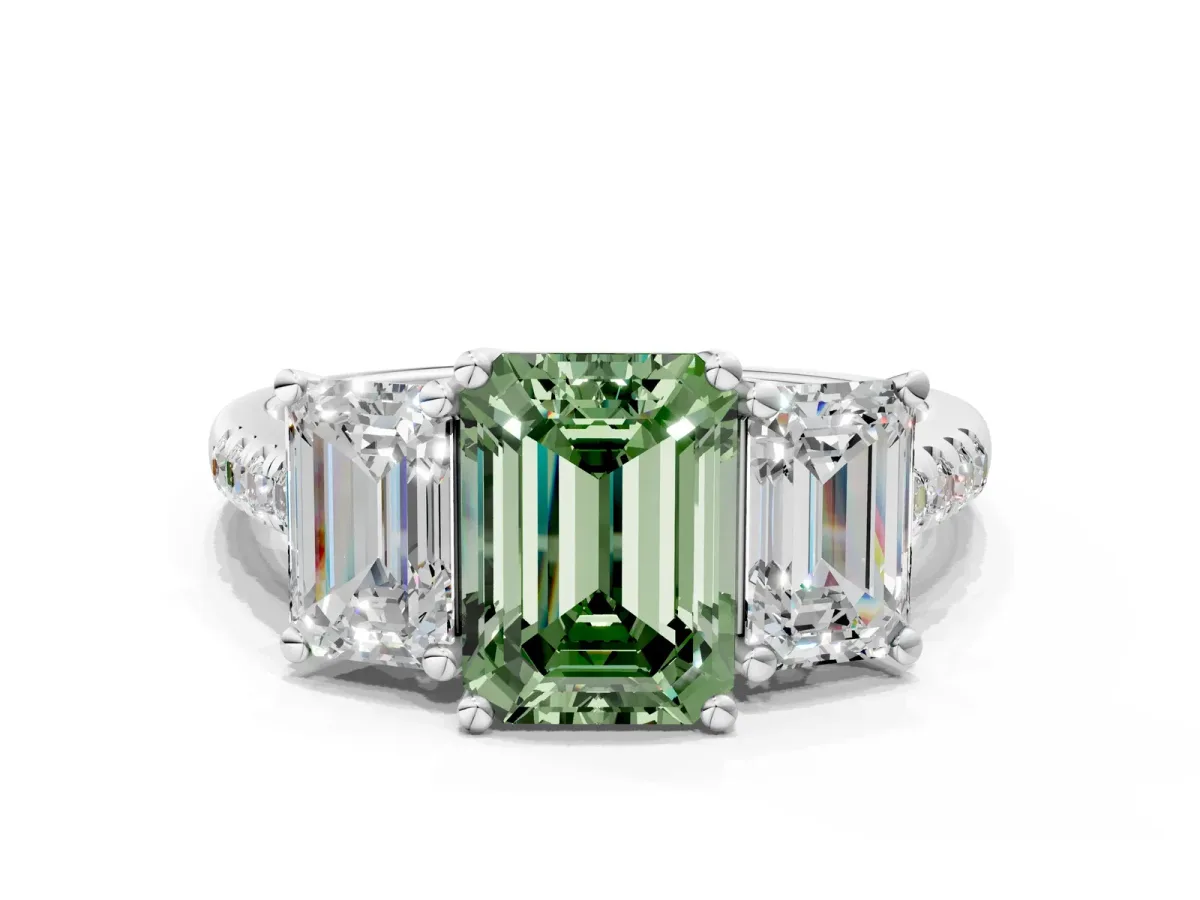 Fancy Green Three-Stone Emerald Cut Diamond Ring with Round Pavé Band and Prong Setting Platinum