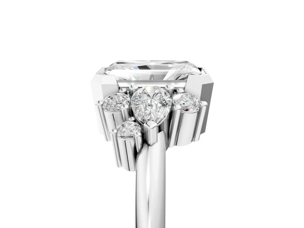 Radiant Diamond Engagement Ring with Pear and Round Side Stones Platinum