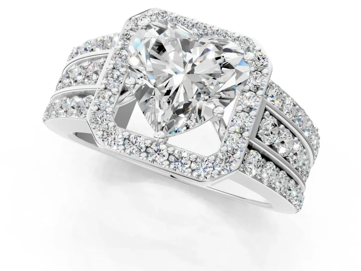 Heart Cut Halo Diamond Ring with Round Split Shank and Prong Setting Platinum