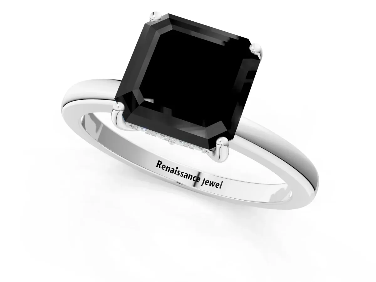 Fancy Black Asscher Cut Solitaire Diamond Ring with Prong Setting and Plain Band Silver