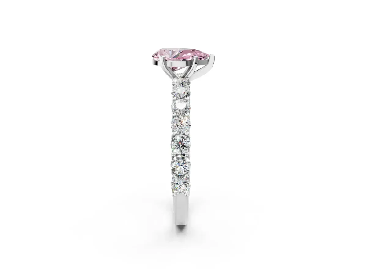 Fancy Pink Pear Cut Diamond Solitaire Ring with Shared Prong Pavé Band and Four-Prong Setting Silver