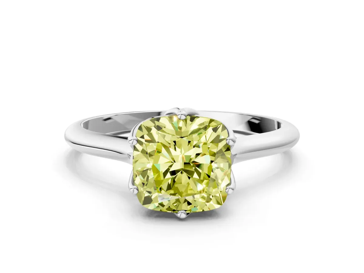 Fancy Yellow Cushion Cut Solitaire Cathedral Diamond Ring with Six-Prong Setting Silver