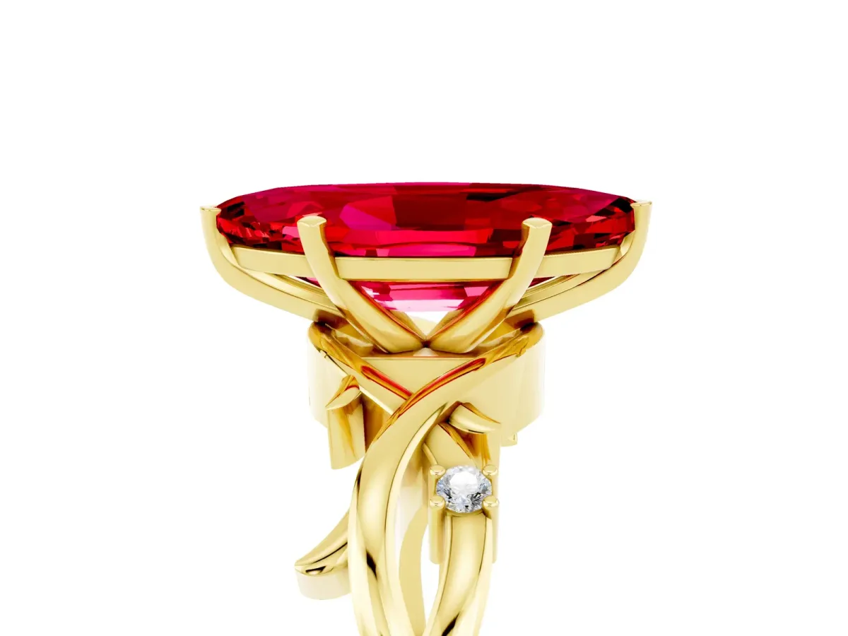 Marquise Cut Ruby Solitaire Ring with Milgrain Pavé Band and Four-Prong Setting Yellow gold
