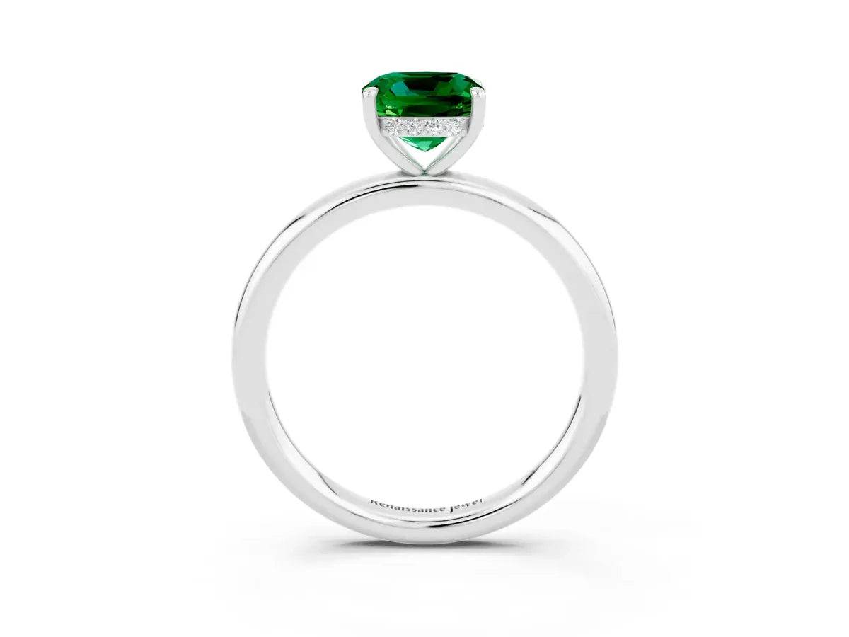 Cushion Cut Emerald Solitaire Ring with Thin Band and Four-Prong Setting Platinum