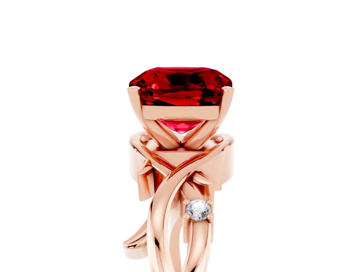 Cushion Cut Ruby Solitaire Ring with Twisted Band and Prong Setting Rose gold