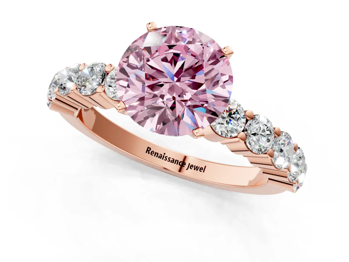 Fancy Pink Round Cut Diamond Solitaire Ring with Shared Prong Round Side Stones Rose gold