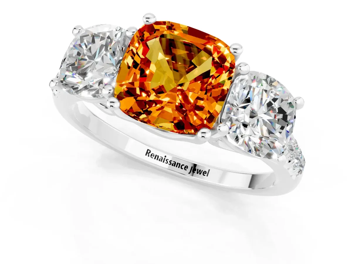 Three-Stone Cushion Cut Citrine Ring with Round Pavé Band and Prong Setting Platinum