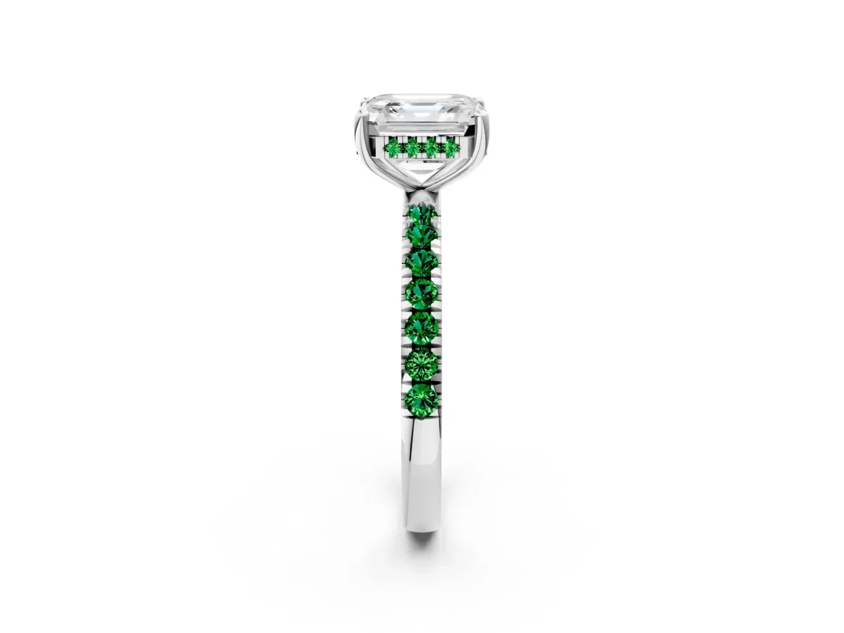 Asscher Cut Diamond Pave Band Solitaire Ring with Round Emerald and Prong Setting Platinum