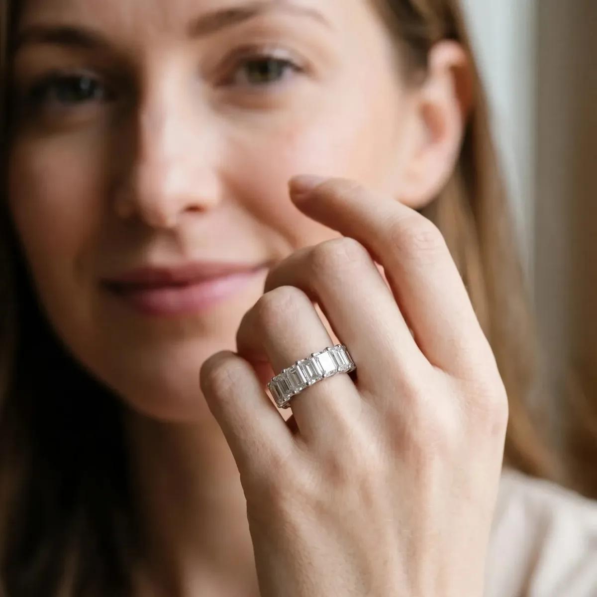 emerald Cut half eternity band with shared prong setting Silver