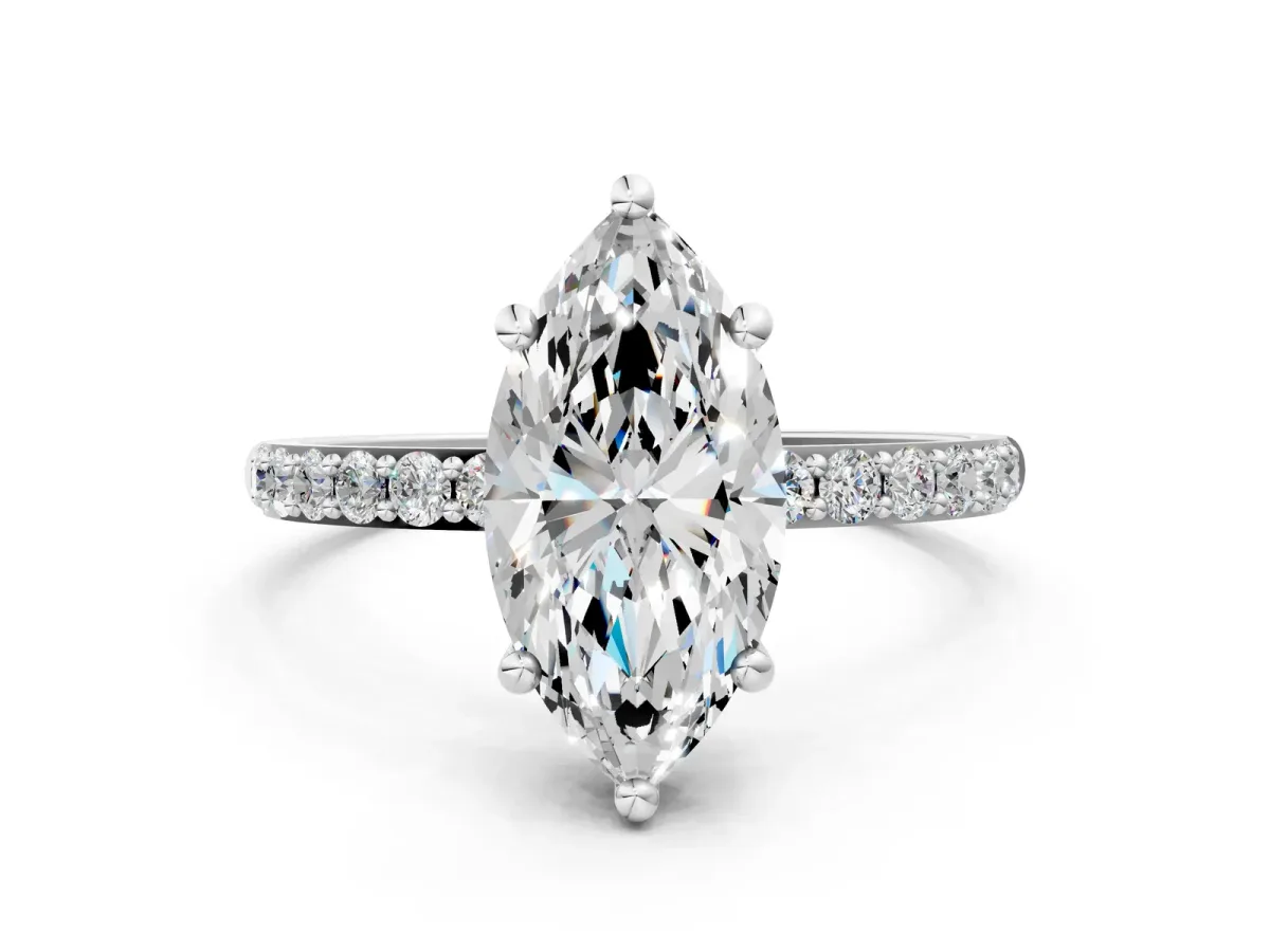 Marquise Cut Diamond Solitaire Ring with Round Pavé Band and Prong Setting Silver