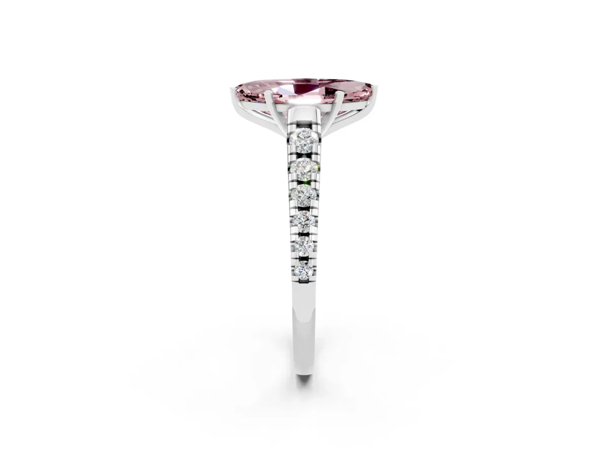 Marquise Cut Morganite Cathedral Solitaire Ring with Round Pavé Band Silver