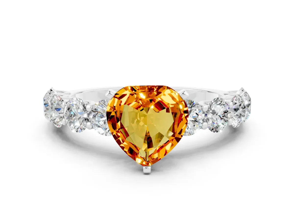 Heart Cut Citrine Prong Setting with Side Stones on a Pave Band Silver