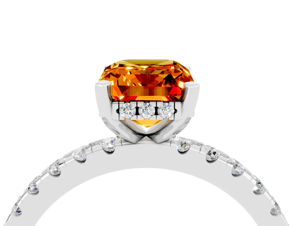 Emerald Cut Citrine Solitaire Ring with Round Pavé Band and Four-Prong Setting Platinum