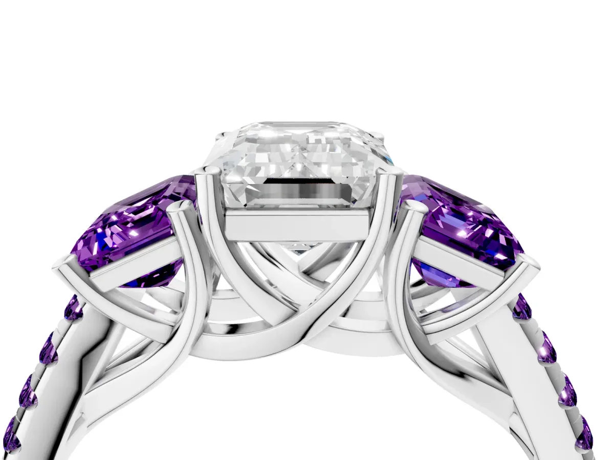 Three-Stone Emerald Cut Diamond Ring with Round Amethyst Pavé Band and Prong Setting Platinum