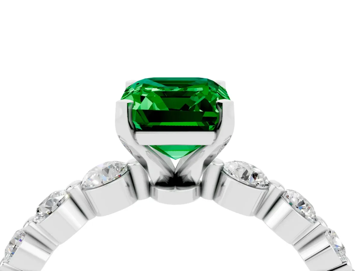 Emerald Cut Solitaire Emerald Ring with Pave Band and Four-Prong Setting White gold