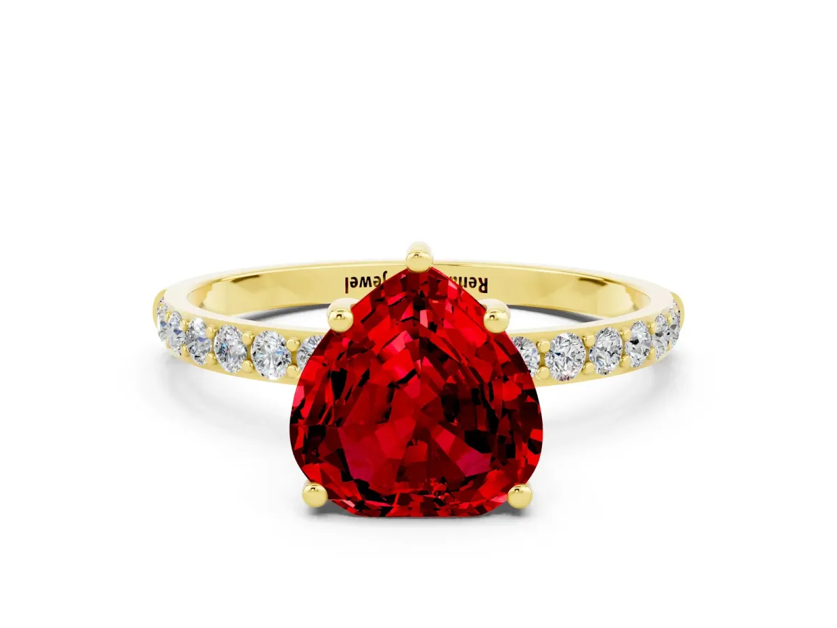 Heart Cut Ruby Solitaire Ring with Round Pavé Band and Prong Setting Yellow gold