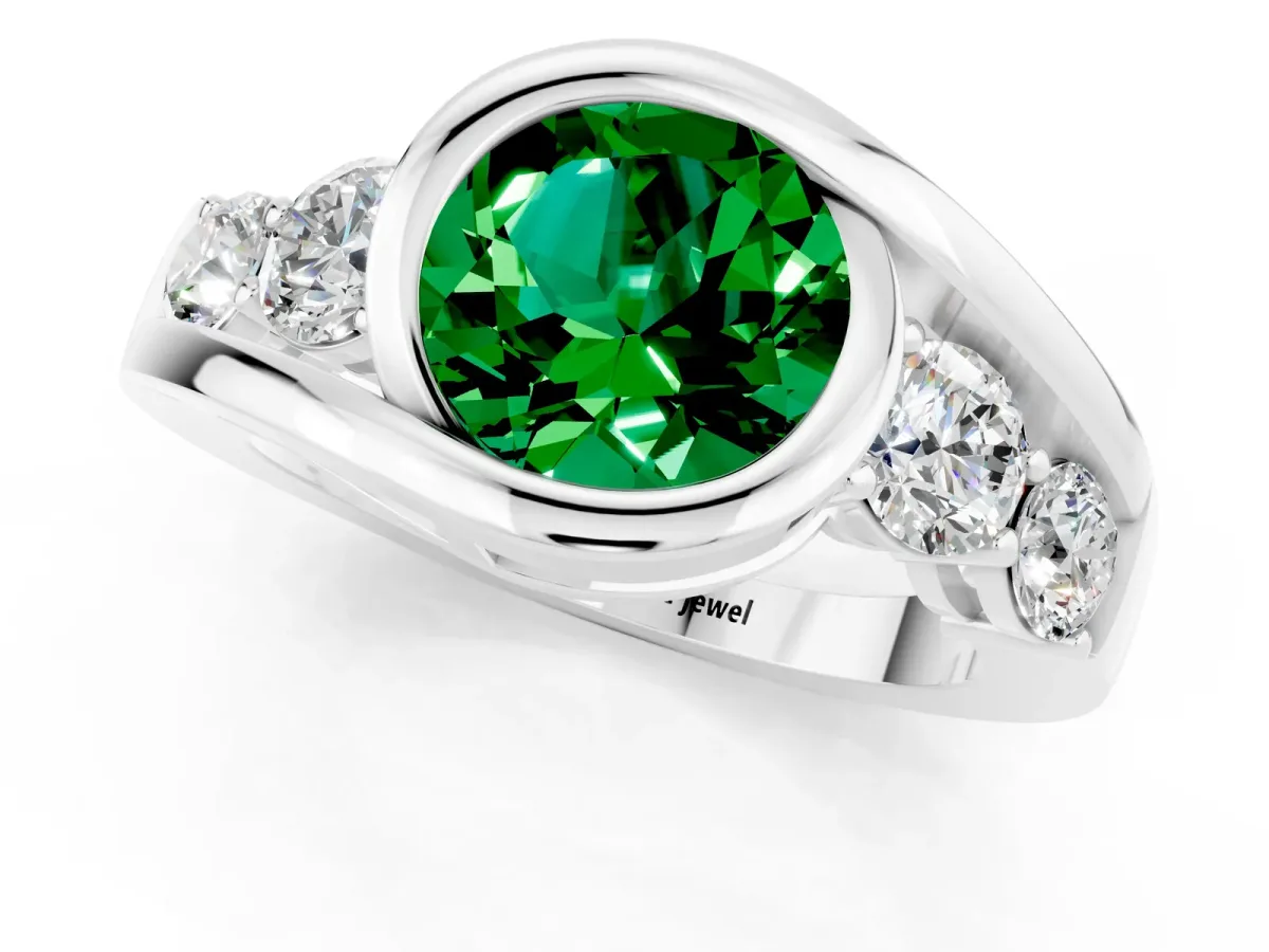 Bezel Set Round Cut Emerald Bypass Ring with Round Accents Silver