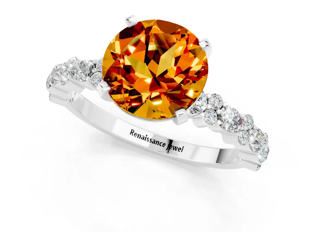 Round Cut Citrine Side Stone Solitaire Ring with Round and Four-Prong Setting Silver