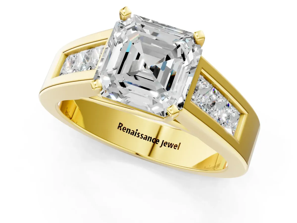 Asscher Cut Cut Channel Set Solitaire Ring with Four-Prong Setting Yellow gold