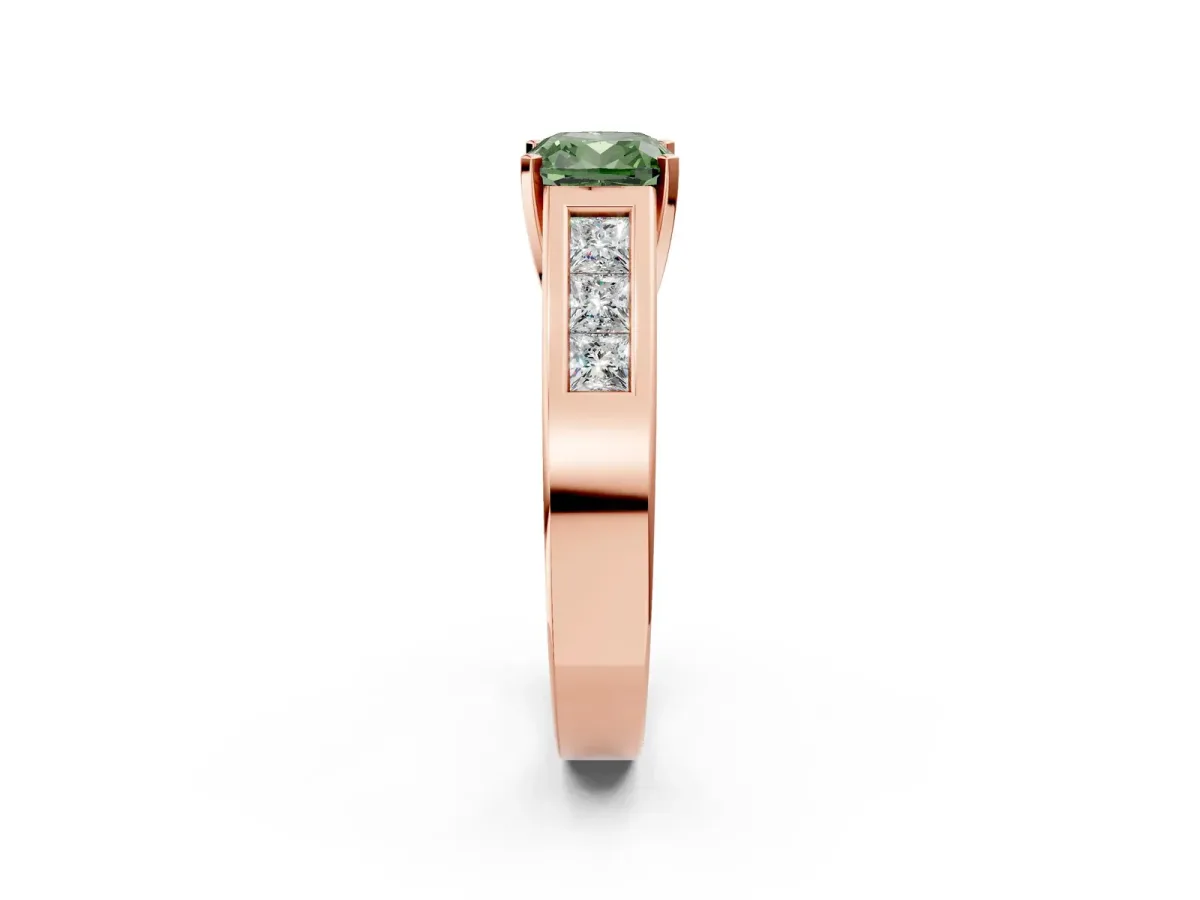 Fancy Green Cushion Cut Cut Channel Set Solitaire Ring with Four-Prong Setting Rose gold