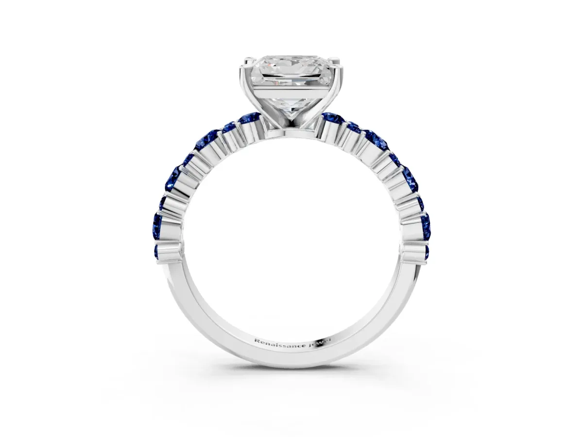 Princess Cut Diamond Side Stone Solitaire Ring with Round Blue Sapphire and Four-Prong Setting Silver