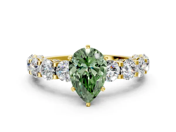 Fancy Green Pear Cut Diamond Side Stone Engagement Ring with Four-Prong Setting Yellow gold