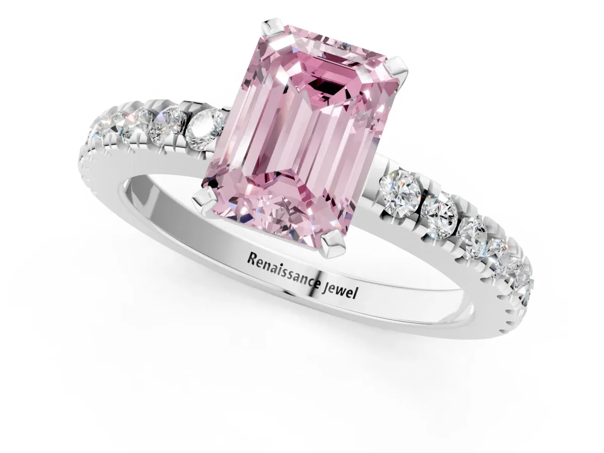 Fancy Pink Emerald Cut Solitaire Diamond with Pavé Band and Four-Prong Setting Silver
