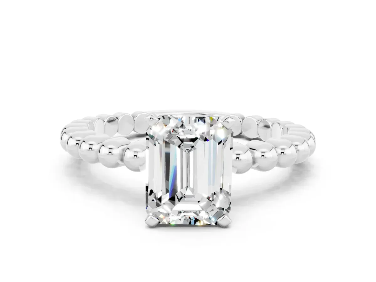Emerald Cut Moissanite Solitaire Ring with Beaded Band and Prong Setting Platinum