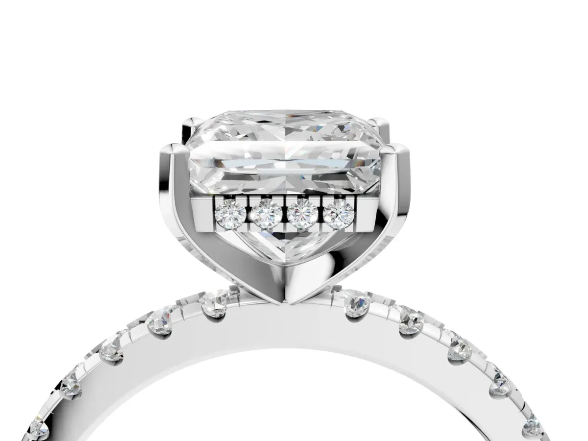 Princess Cut Diamond Solitaire Ring with Round Pavé Band and Four-Prong Setting Silver