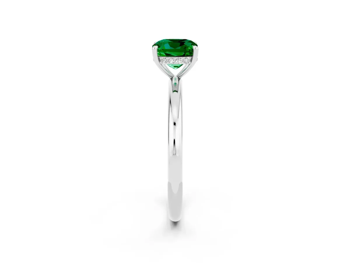 Cushion Cut Emerald Solitaire Ring with Thin Band and Four-Prong Setting Platinum