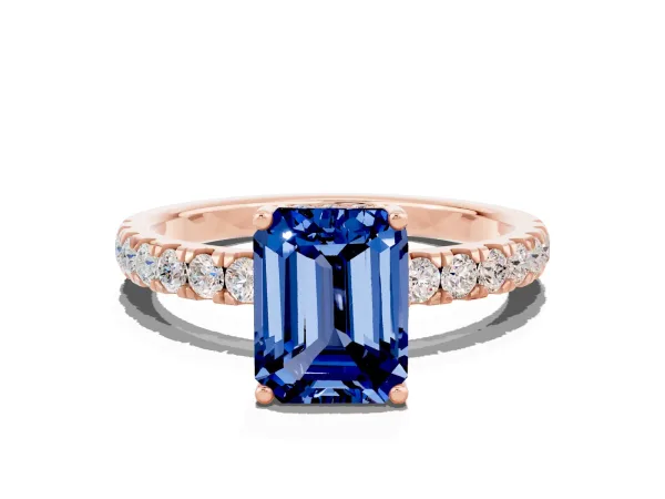 Emerald Cut Blue Sapphire Pave Band Solitaire Ring with Round and Prong Setting Rose gold
