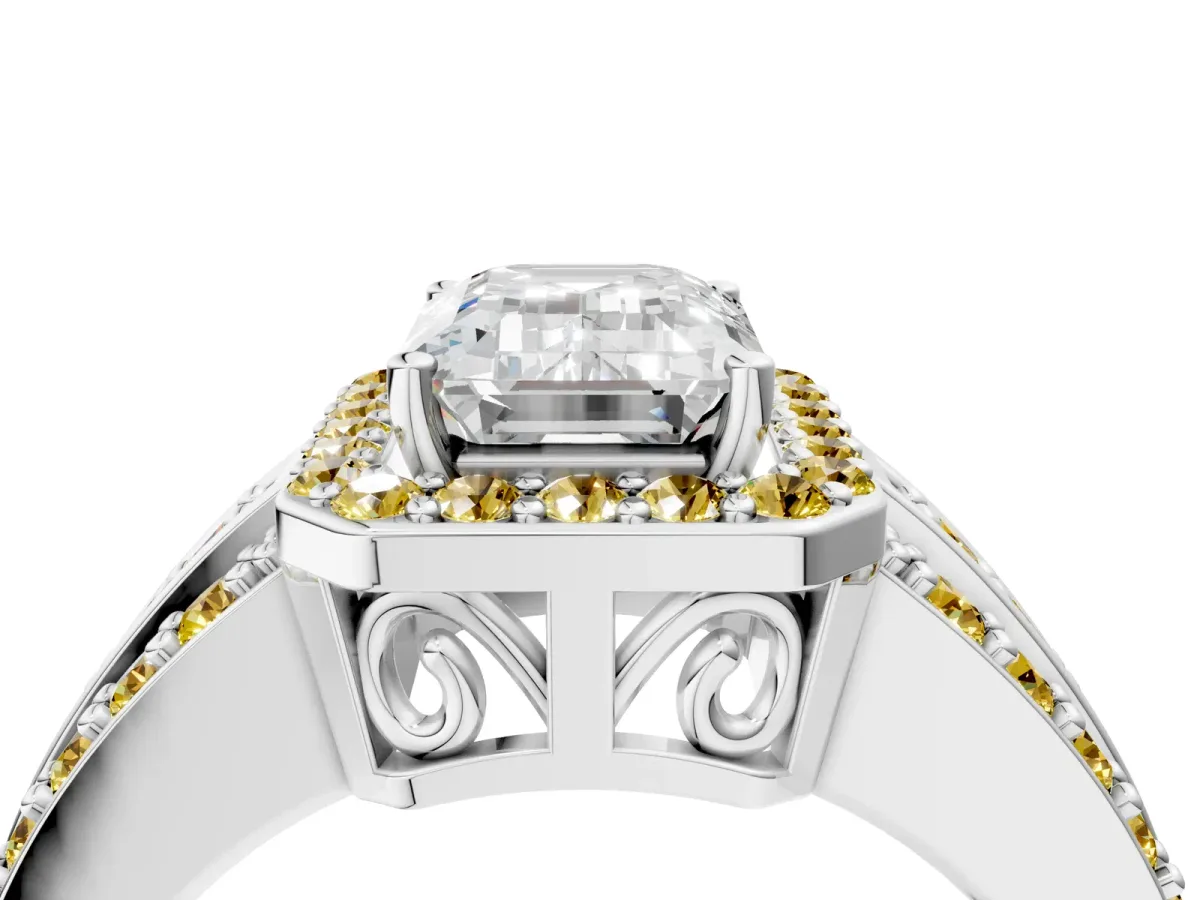 Emerald Cut Halo Diamond Ring with Round Yellow Sapphire Split Shank and Prong Setting Silver