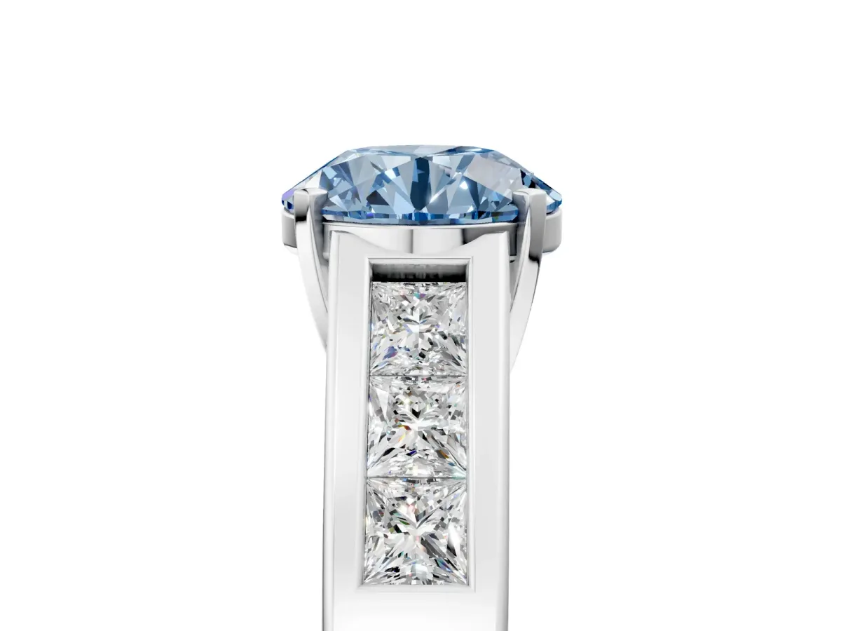 Fancy Blue Round Cut Cut Channel Set Solitaire Ring with Four-Prong Setting Platinum