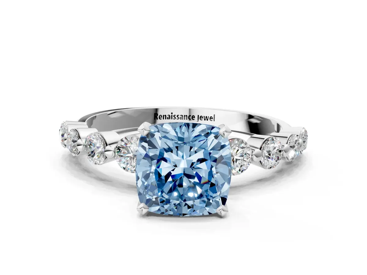 Fancy Blue Cushion Cut Solitaire Diamond Ring with Pave Band and Four-Prong Setting Silver