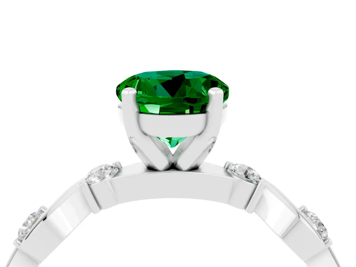 Round Cut Emerald Solitaire Twisted Band with Round Accents and Prong Setting Silver