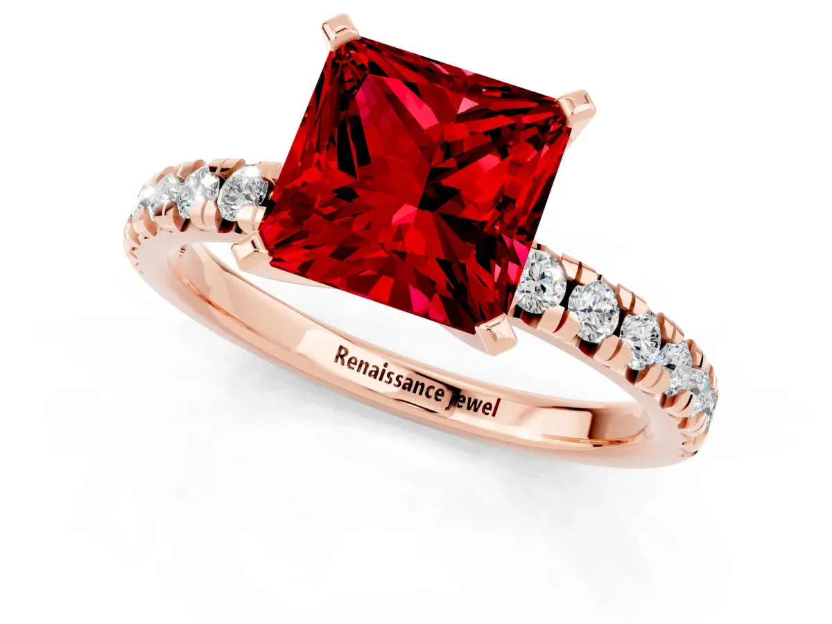 Princess Cut Ruby Solitaire Pavé Engagement Ring with Round Band and Prong Setting Rose gold