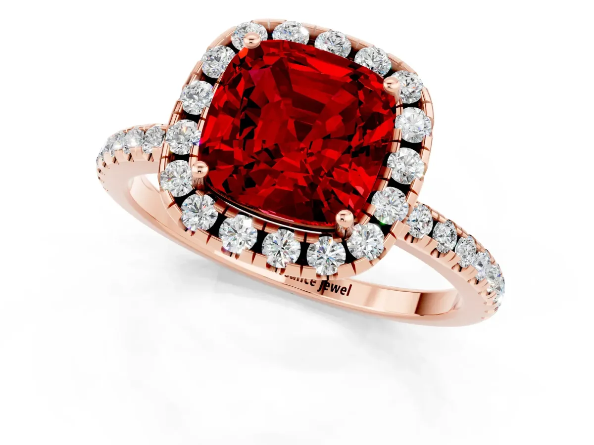 Cushion Cut Ruby Halo Ring with Round Pavé Band and Prong Setting Rose gold