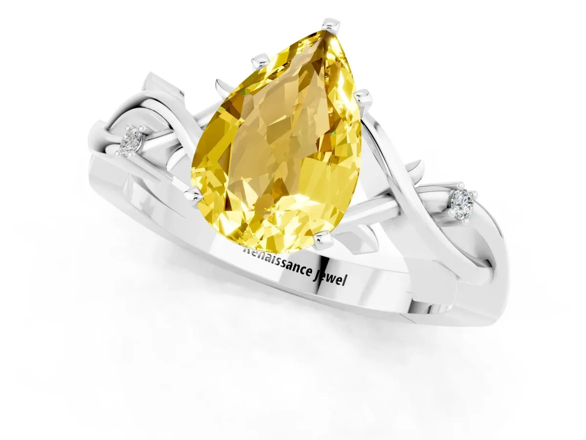 Pear Cut Yellow Sapphire Solitaire Ring with Twisted Band and Prong Setting Platinum