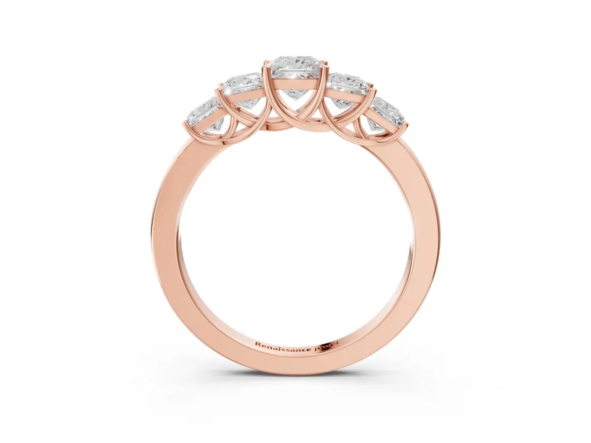 Princess Cut Five-Stone Diamond Ring with Classic Prong Setting Rose gold