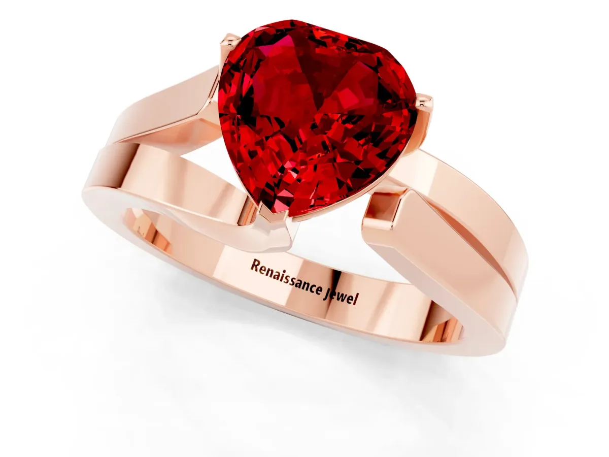 Modern Tension Set Heart Cut Ruby Solitaire Wide Band Ring Rose gold