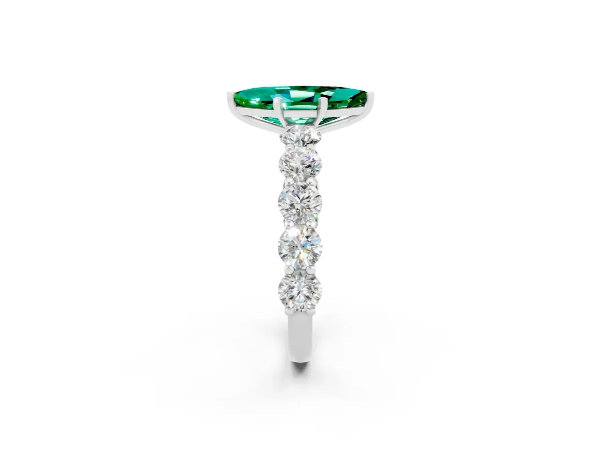 Marquise Cut Emerald Prong Setting with Side Stones on a Pave Band Silver